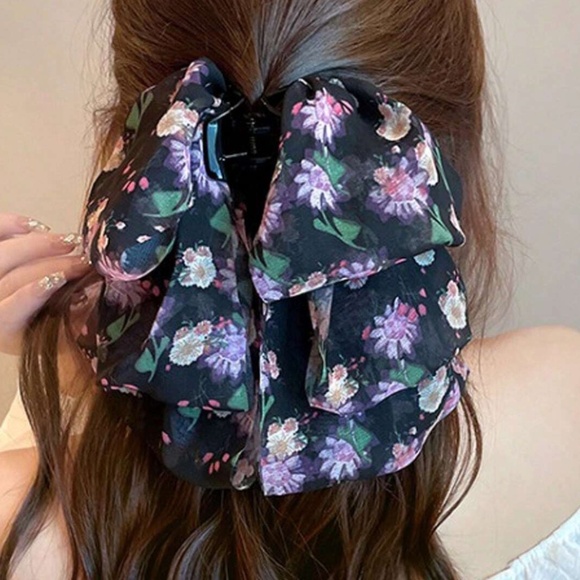 Boho Floral Print Layered Large Bow Hair Clip - Picture 2 of 8